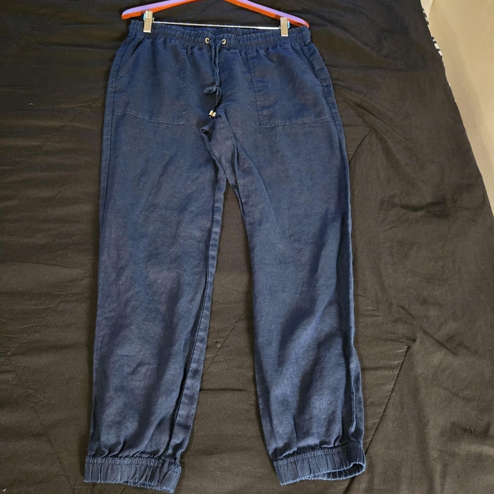 Company‎ Ellen Tracy Pants Womens Medium Blue 100% Linen Jogger Elastic Waist